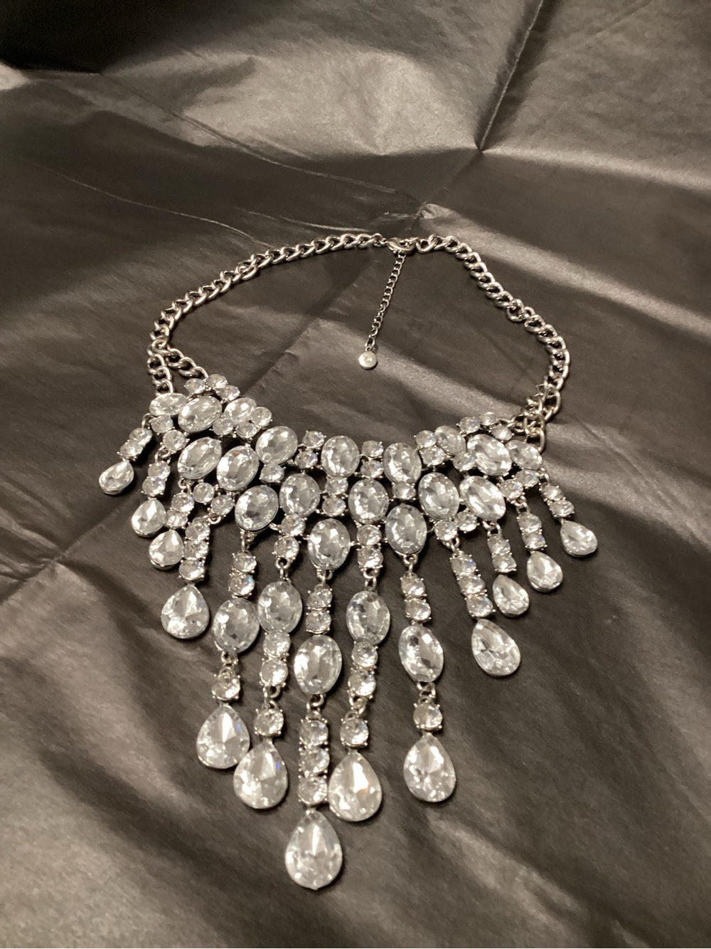 Crystal Teardrop Statement Necklace - Silver Tone